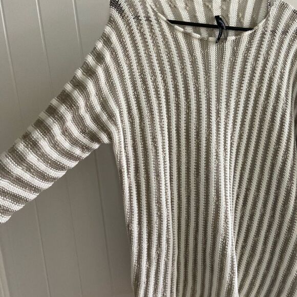 Georgina Estefania LINEN/COTTON LOOSE WEAVE STRIPE asymmetrical ARM top M - Picture 6 of 16